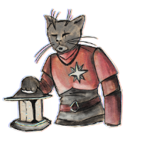 A grizzled cat soldier in red leather armor holds a lantern.